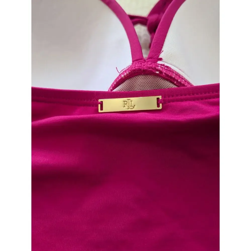 Lauren Ralph Women's One Piece Swimsuit Pink Beach Club Halter Tummy Control